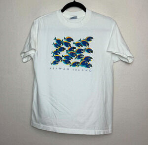 Vintage 90s Kiawah Island Souvenir T-Shirt White w/Blue Fish Graphic Sz Youth L